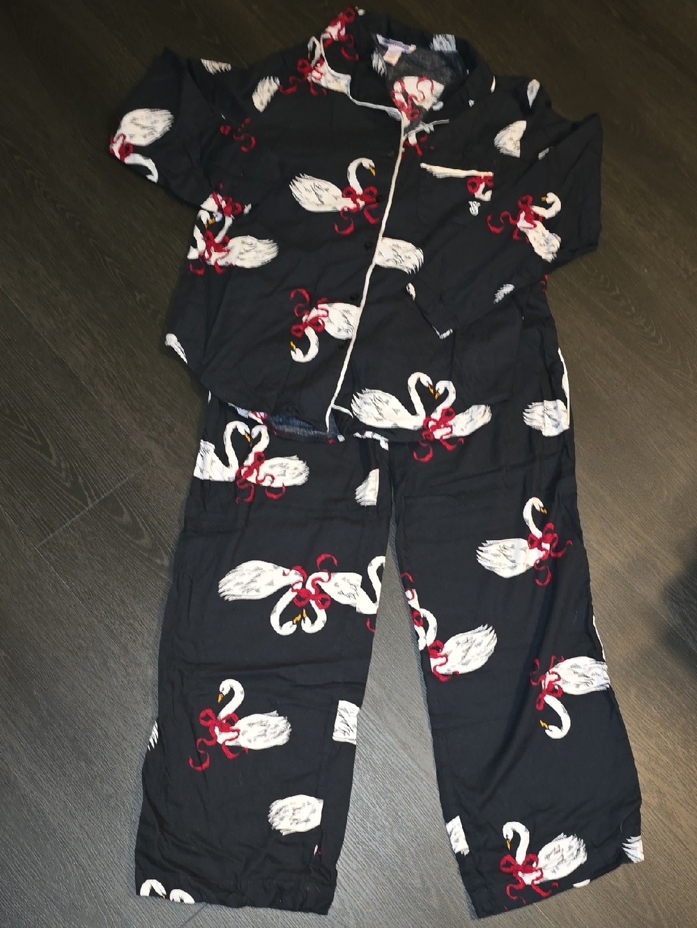 Victoria's Secret Navy Swan-Print Pajama Set with Red Bow Accents